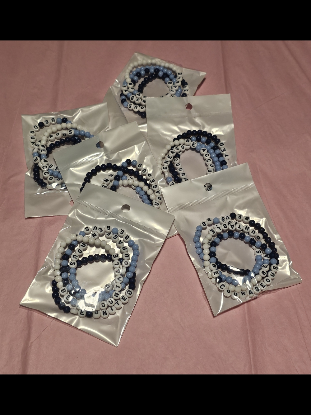 Set of 6 Blue & White Beaded Stretch Bracelets - Packaged
